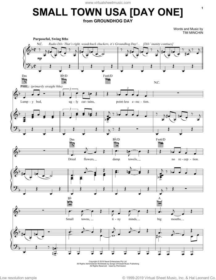 Small Town USA [Day One] (from Groundhog Day The Musical) sheet music for voice, piano or guitar by Tim Minchin, intermediate skill level