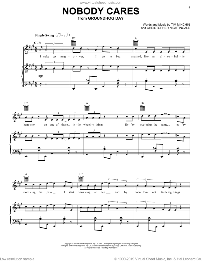 Nobody Cares (from Groundhog Day The Musical) sheet music for voice, piano or guitar by Tim Minchin, Christopher Nightingale and Tim Minchin and Christopher Nightingale, intermediate skill level