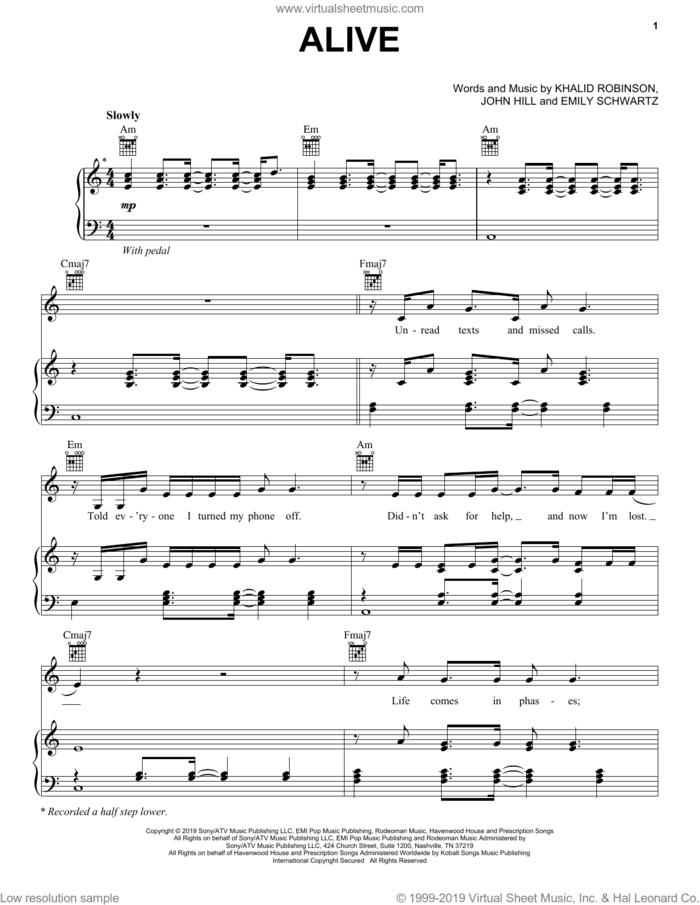 Alive sheet music for voice, piano or guitar by Khalid, Emily Schwartz, John Hill and Khalid Robinson, intermediate skill level