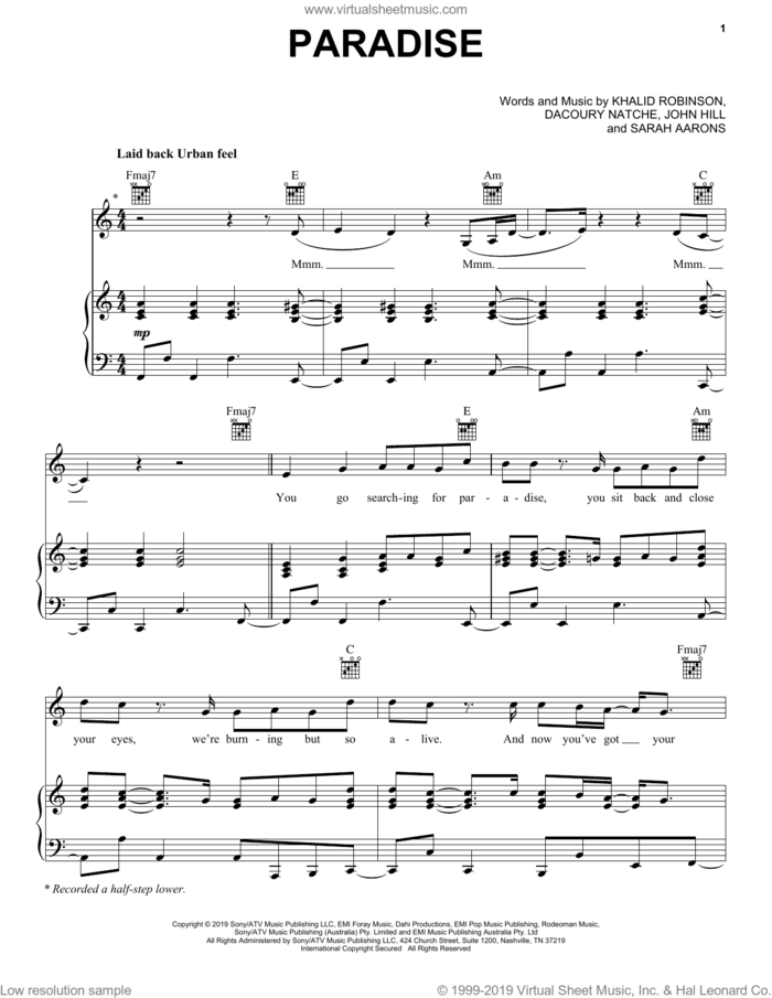 Paradise sheet music for voice, piano or guitar by Khalid, Dacoury Natche, John Hill, Khalid Robinson and Sarah Aarons, intermediate skill level