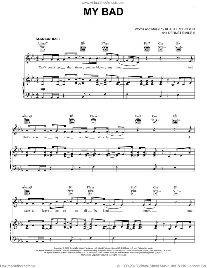 My Bad sheet music for voice, piano or guitar by Khalid, Dernst Emile II and Khalid Robinson, intermediate skill level