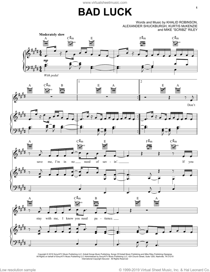 Bad Luck sheet music for voice, piano or guitar by Khalid, Al Shuckburgh, Khalid Robinson, Kurtis McKenzie and Mike 'Scribz' Riley, intermediate skill level
