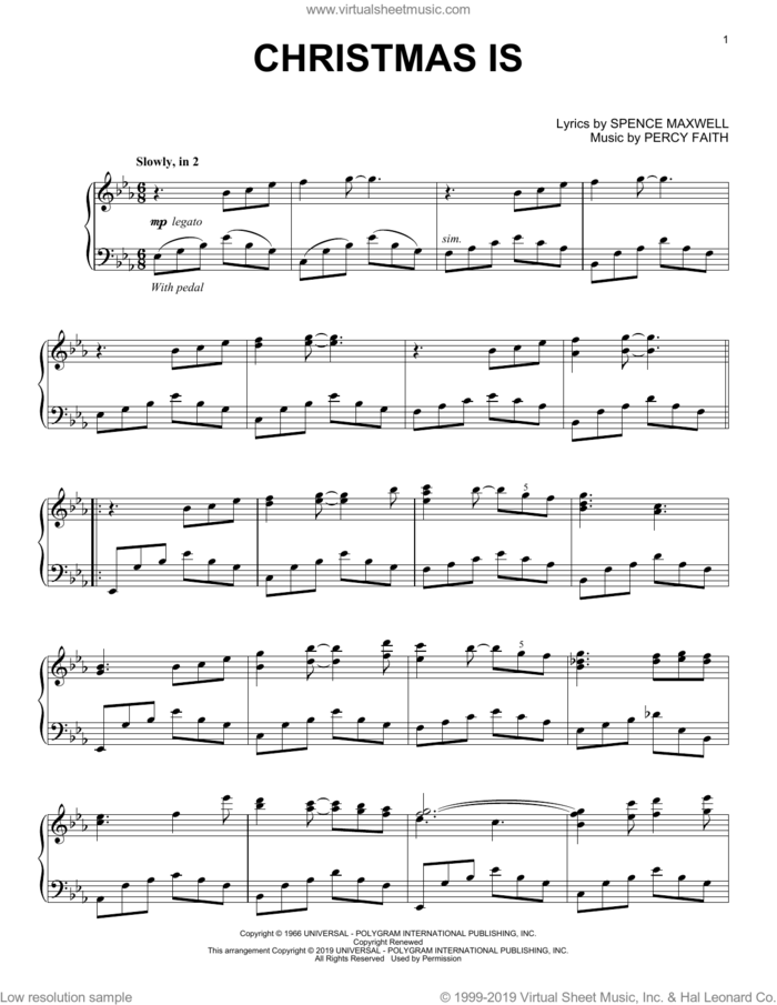 Christmas Is, (intermediate) sheet music for piano solo by Percy Faith and Spence Maxwell, intermediate skill level