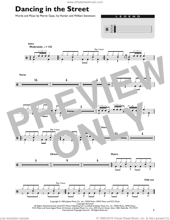 Dancing In The Street sheet music for drums (percussions) by Martha & The Vandellas, Ivy Hunter, Marvin Gaye and William Stevenson, intermediate skill level