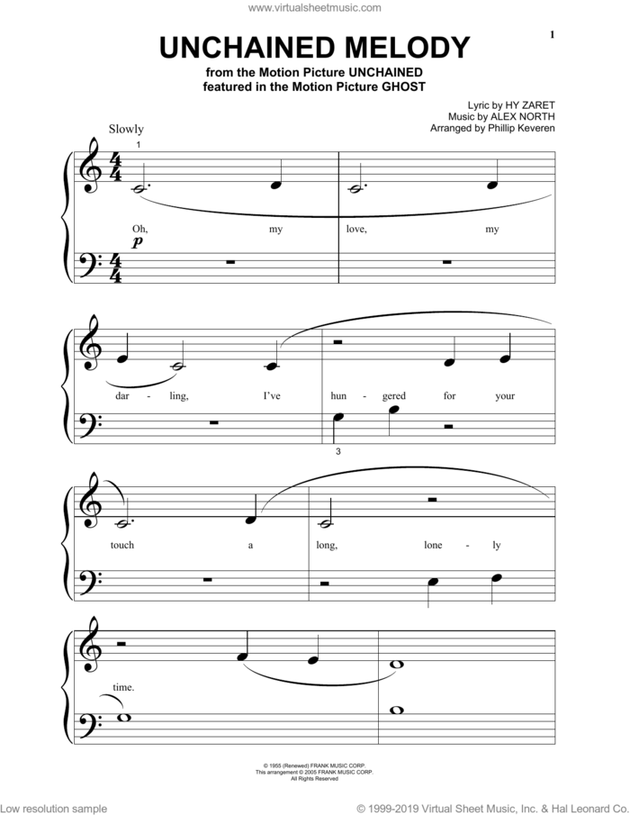 Unchained Melody (arr. Phillip Keveren) sheet music for piano solo (big note book) by The Righteous Brothers, Phillip Keveren, Alex North and Hy Zaret, wedding score, easy piano (big note book)