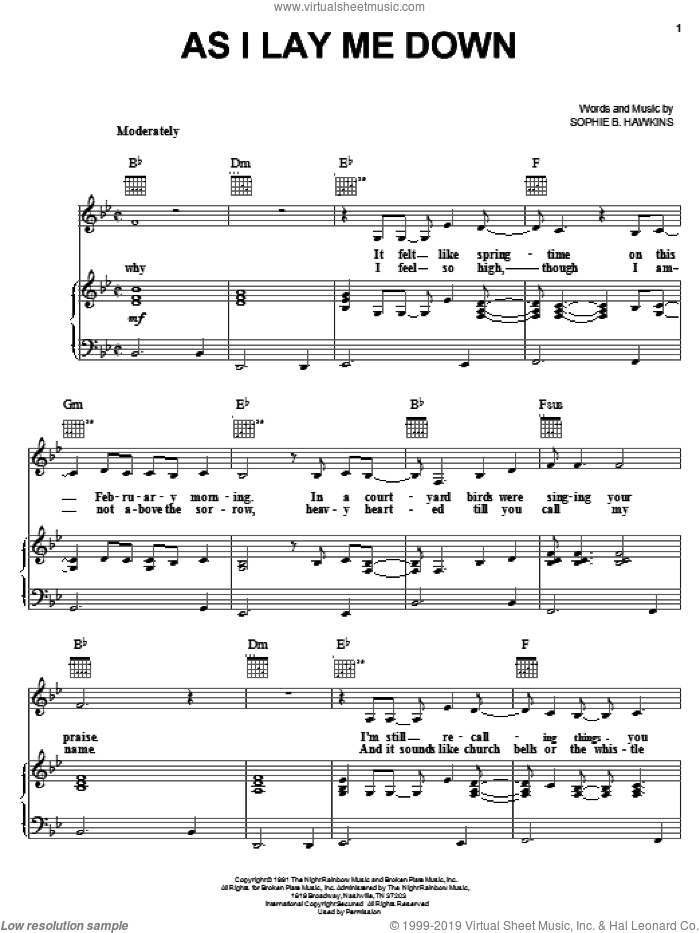 As I Lay Me Down sheet music for voice, piano or guitar by Sophie B. Hawkins, intermediate skill level