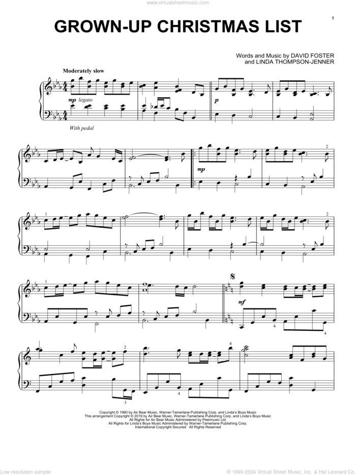 Grown-Up Christmas List, (intermediate) sheet music for piano solo by Amy Grant, David Foster and Linda Thompson-Jenner, intermediate skill level