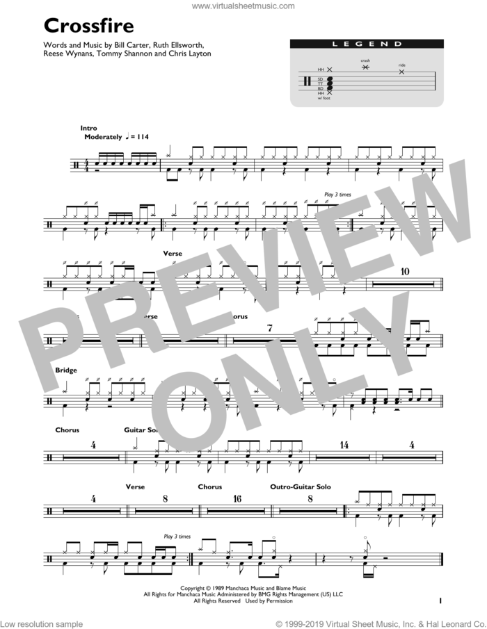 Crossfire sheet music for drums (percussions) by Stevie Ray Vaughan, Bill Carter, Chris Layton, Reese Wynans, Ruth Ellsworth and Tommy Shannon, intermediate skill level