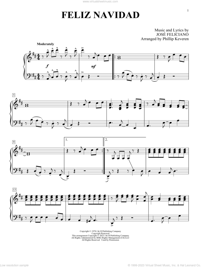 Feliz Navidad, (intermediate) sheet music for piano solo by Jose Feliciano, intermediate skill level