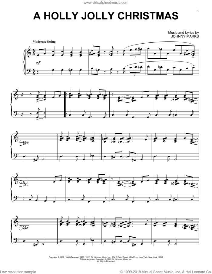 A Holly Jolly Christmas sheet music for piano solo by Johnny Marks, intermediate skill level