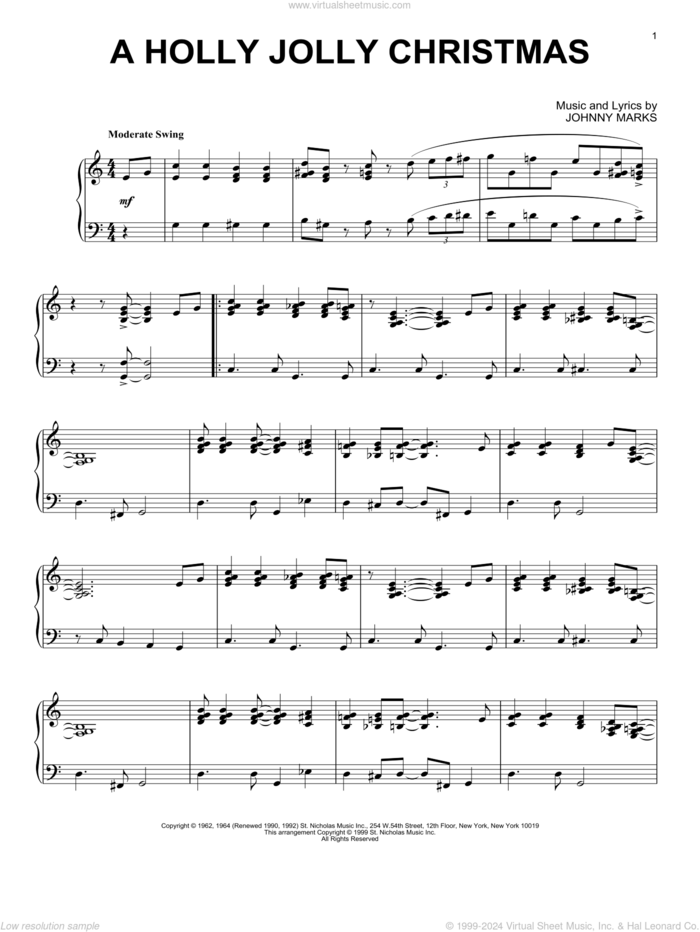 A Holly Jolly Christmas sheet music for piano solo by Johnny Marks, intermediate skill level