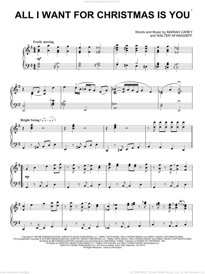 All I Want For Christmas Is You sheet music for piano solo by Mariah Carey and Walter Afanasieff, intermediate skill level