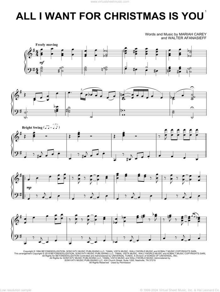 All I Want For Christmas Is You sheet music for piano solo by Mariah Carey and Walter Afanasieff, intermediate skill level