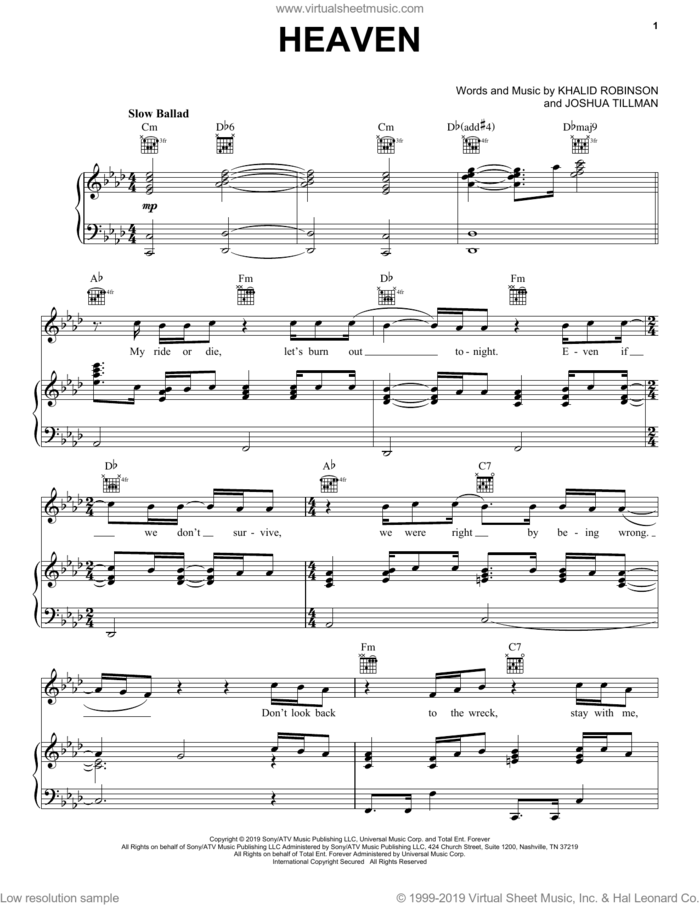 Heaven sheet music for voice, piano or guitar by Khalid, Joshua Tillman and Khalid Robinson, intermediate skill level