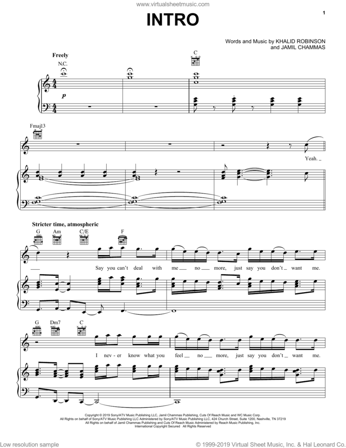 Intro sheet music for voice, piano or guitar by Khalid, Jamil Chammas and Khalid Robinson, intermediate skill level