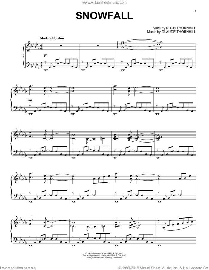 Snowfall sheet music for piano solo by Tony Bennett, Claude Thornhill and Ruth Thornhill, intermediate skill level