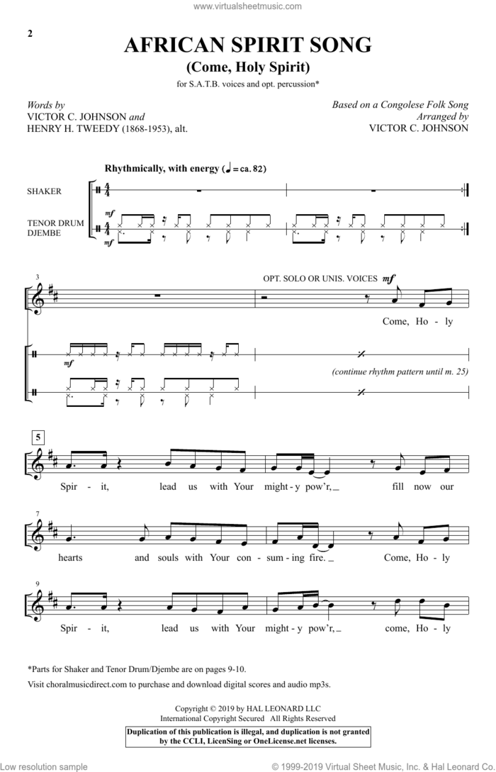 African Spirit Song (Come, Holy Spirit) (arr. Victor C. Johnson) sheet music for choir (SATB: soprano, alto, tenor, bass) by Henry H. Tweedy, Victor Johnson and Congalese Folk Song, intermediate skill level