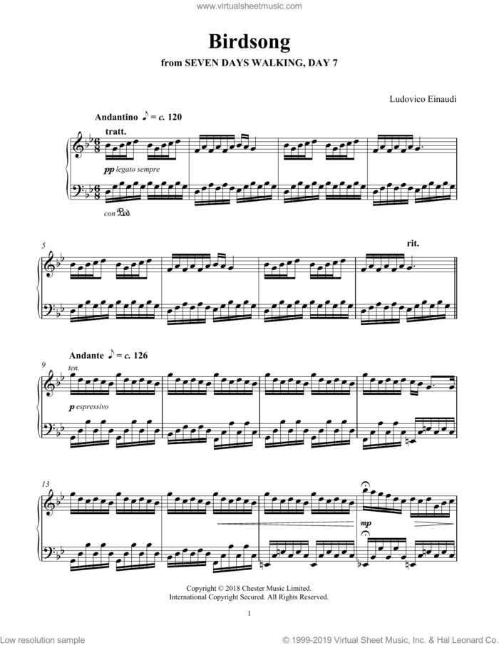 Birdsong (from Seven Days Walking: Day 7) sheet music for piano solo by Ludovico Einaudi, classical score, intermediate skill level