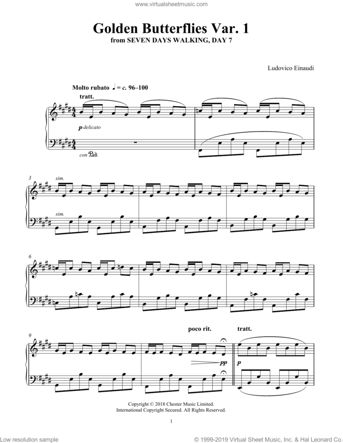 Golden Butterflies Var. 1 (from Seven Days Walking: Day 7) sheet music for piano solo by Ludovico Einaudi, classical score, intermediate skill level