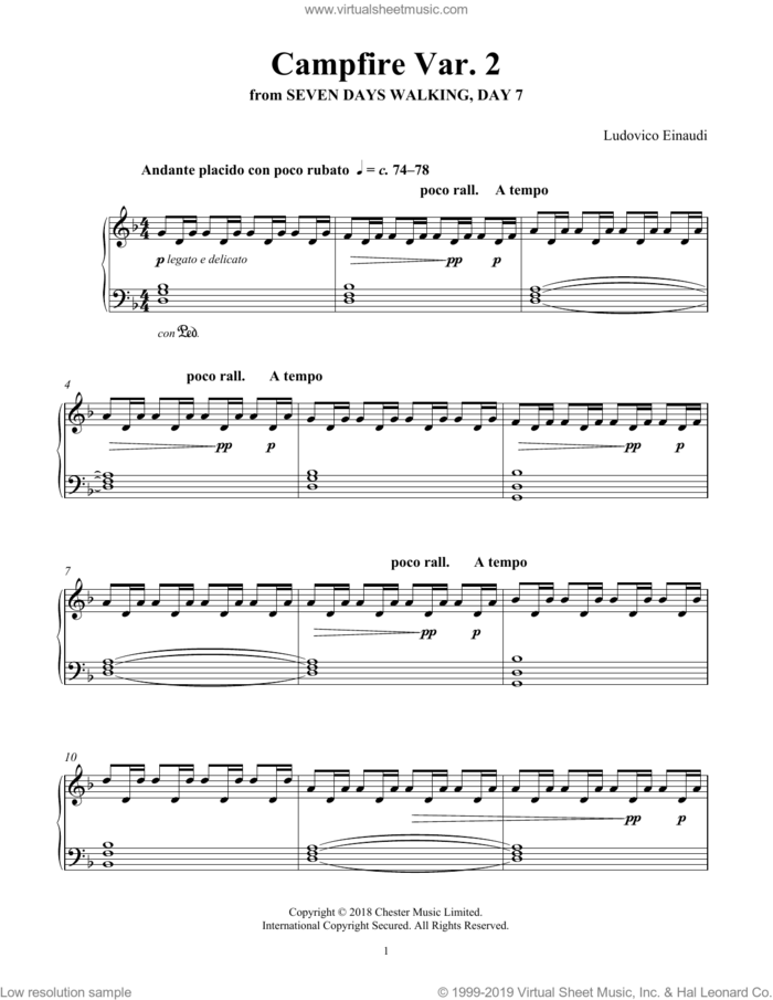 Campfire Var. 2 (from Seven Days Walking: Day 7) sheet music for piano solo by Ludovico Einaudi, classical score, intermediate skill level