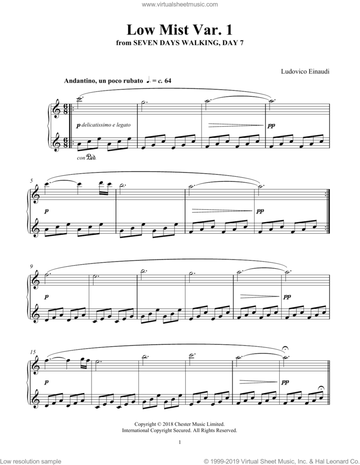 Low Mist Var. 1 (from Seven Days Walking: Day 7) sheet music for piano solo by Ludovico Einaudi, classical score, intermediate skill level