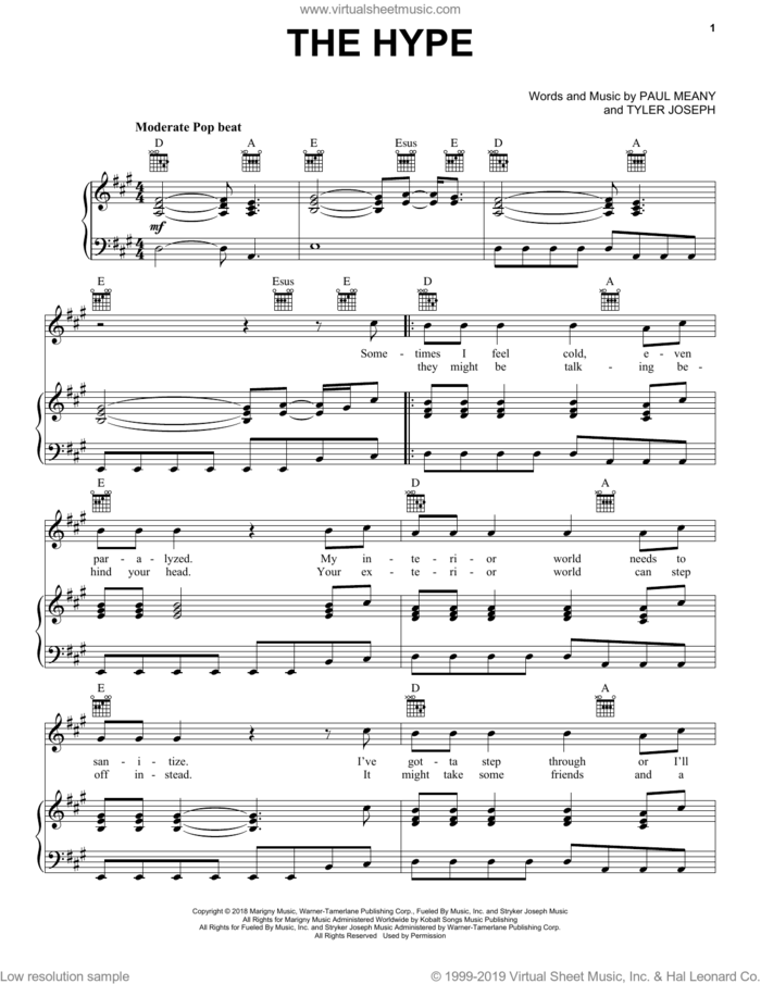 The Hype sheet music for voice, piano or guitar by Twenty One Pilots, Paul Meany and Tyler Joseph, intermediate skill level