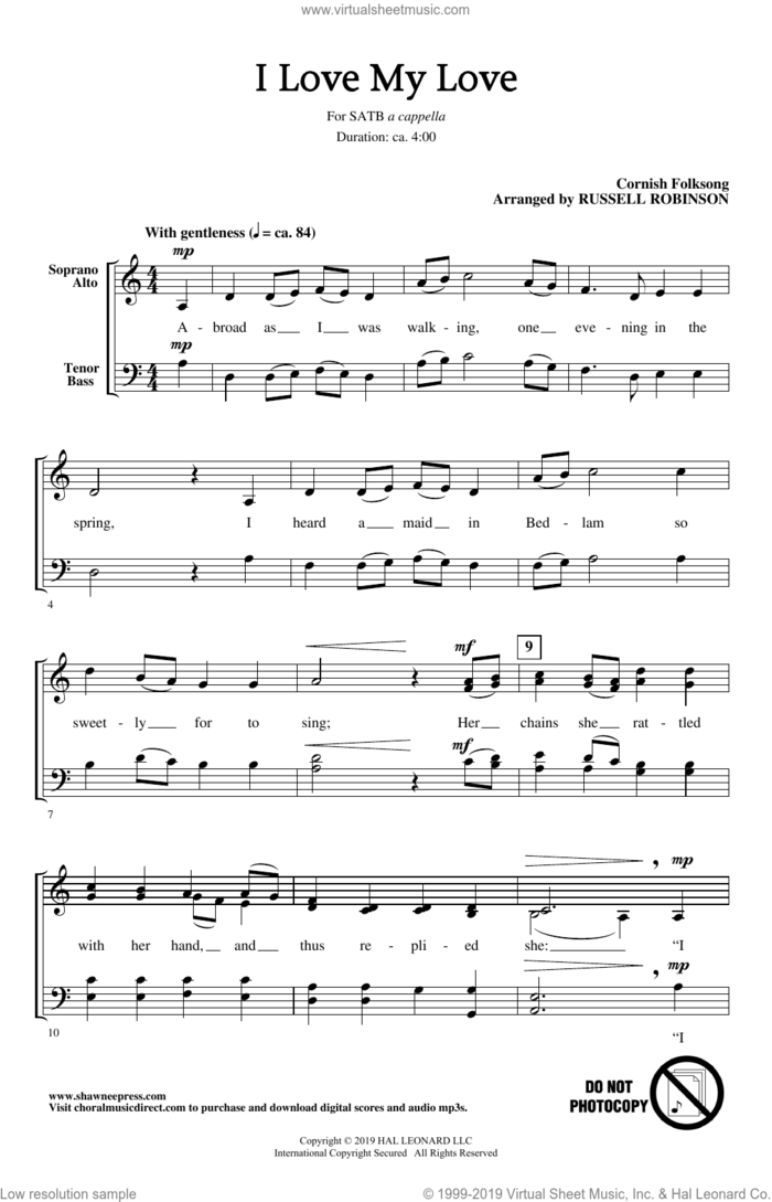 I Love My Love (arr. Russell Robinson) sheet music for choir (SATB: soprano, alto, tenor, bass) by Cornish Folksong and Russell Robinson, intermediate skill level