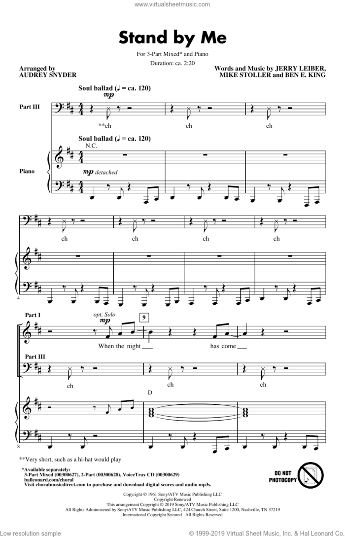 Stand By Me (arr. Audrey Snyder) sheet music for choir (3-Part Mixed) by Ben E. King, Audrey Snyder, Jerry Leiber and Mike Stoller, intermediate skill level