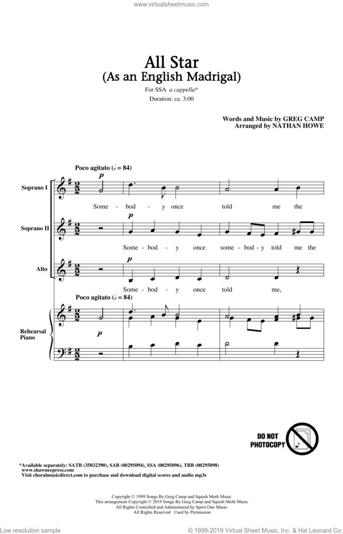 All Star (As an English Madrigal) (arr. Nathan Howe) sheet music for choir (SSA: soprano, alto) by Smash Mouth, Nathan Howe and Greg Camp, intermediate skill level