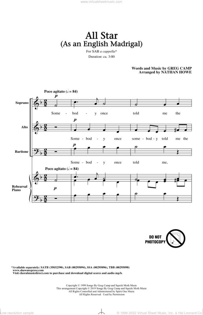 All Star (As an English Madrigal) (arr. Nathan Howe) sheet music for choir (SAB: soprano, alto, bass) by Smash Mouth, Nathan Howe and Greg Camp, intermediate skill level