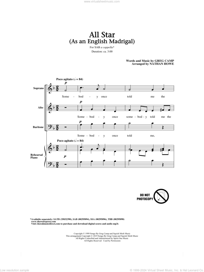 All Star (As an English Madrigal) (arr. Nathan Howe) sheet music for choir (SAB: soprano, alto, bass) by Smash Mouth, Nathan Howe and Greg Camp, intermediate skill level