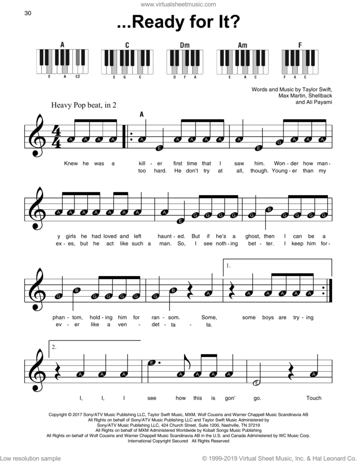 ...Ready For It? sheet music for piano solo by Taylor Swift, Ali Payami, Max Martin and Shellback, beginner skill level