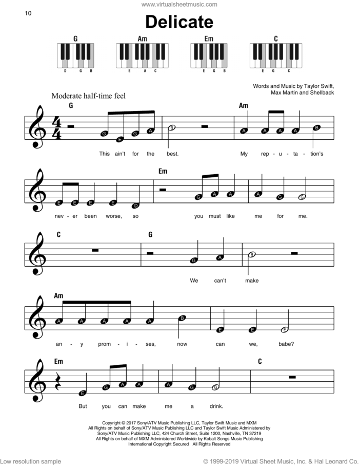 Delicate sheet music for piano solo by Taylor Swift, Max Martin and Shellback, beginner skill level