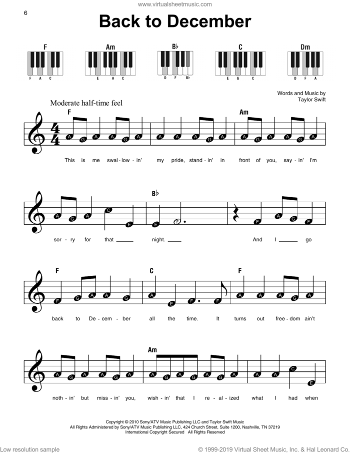 Back To December sheet music for piano solo by Taylor Swift, beginner skill level
