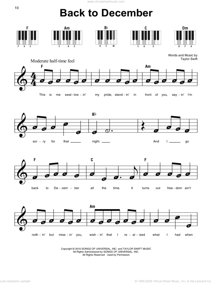 Back To December sheet music for piano solo by Taylor Swift, beginner skill level