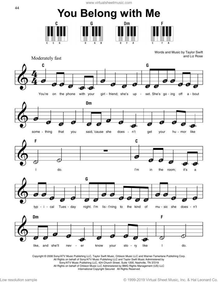 You Belong With Me sheet music for piano solo by Taylor Swift and Liz Rose, beginner skill level