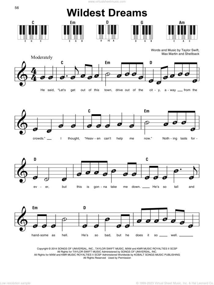 Wildest Dreams sheet music for piano solo by Taylor Swift, Johan Schuster, Max Martin and Shellback, beginner skill level