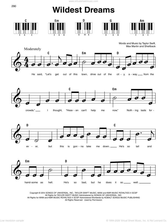 Wildest Dreams sheet music for piano solo by Taylor Swift, Johan Schuster, Max Martin and Shellback, beginner skill level