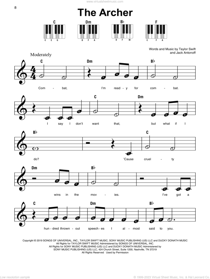 The Archer sheet music for piano solo by Taylor Swift and Jack Antonoff, beginner skill level