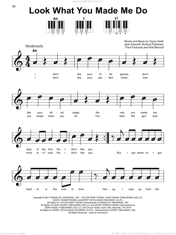 Look What You Made Me Do, (beginner) sheet music for piano solo by Taylor Swift, Fred Fairbrass, Jack Antonoff, Richard Fairbrass and Rob Manzoli, beginner skill level