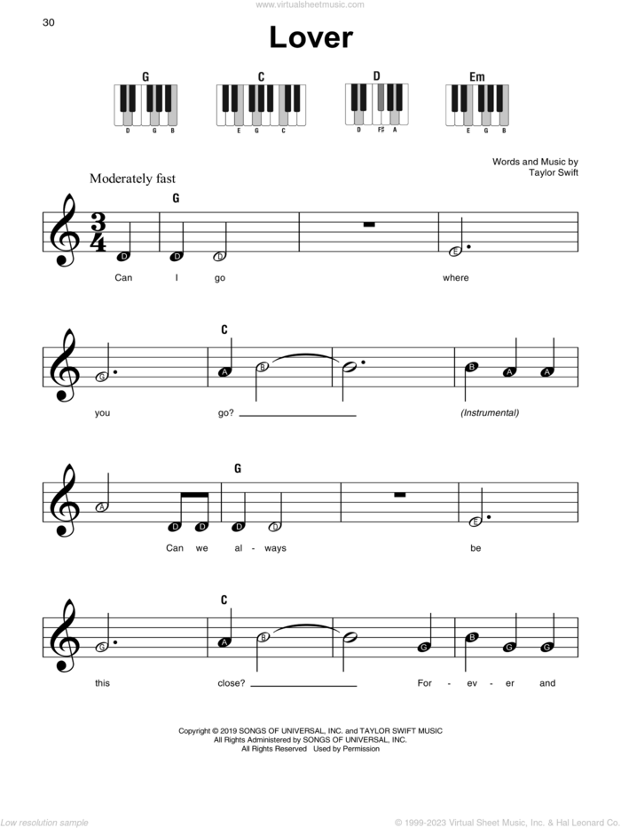 Lover sheet music for piano solo by Taylor Swift, beginner skill level