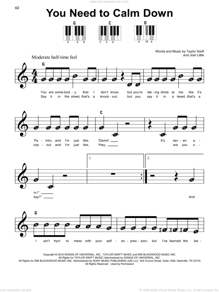 You Need To Calm Down sheet music for piano solo by Taylor Swift and Joel Little, beginner skill level