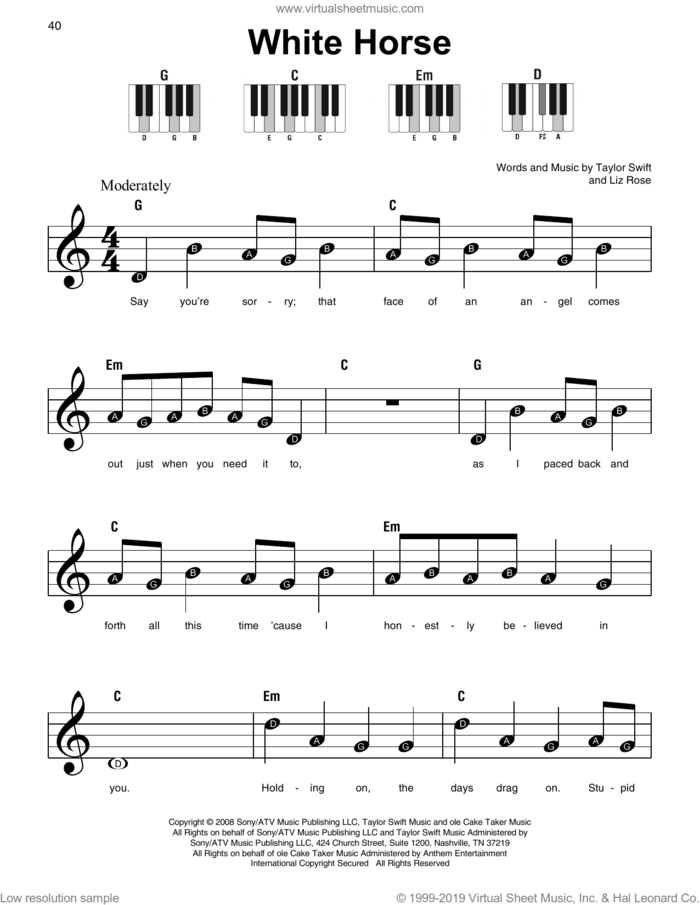 White Horse sheet music for piano solo by Taylor Swift and Liz Rose, beginner skill level