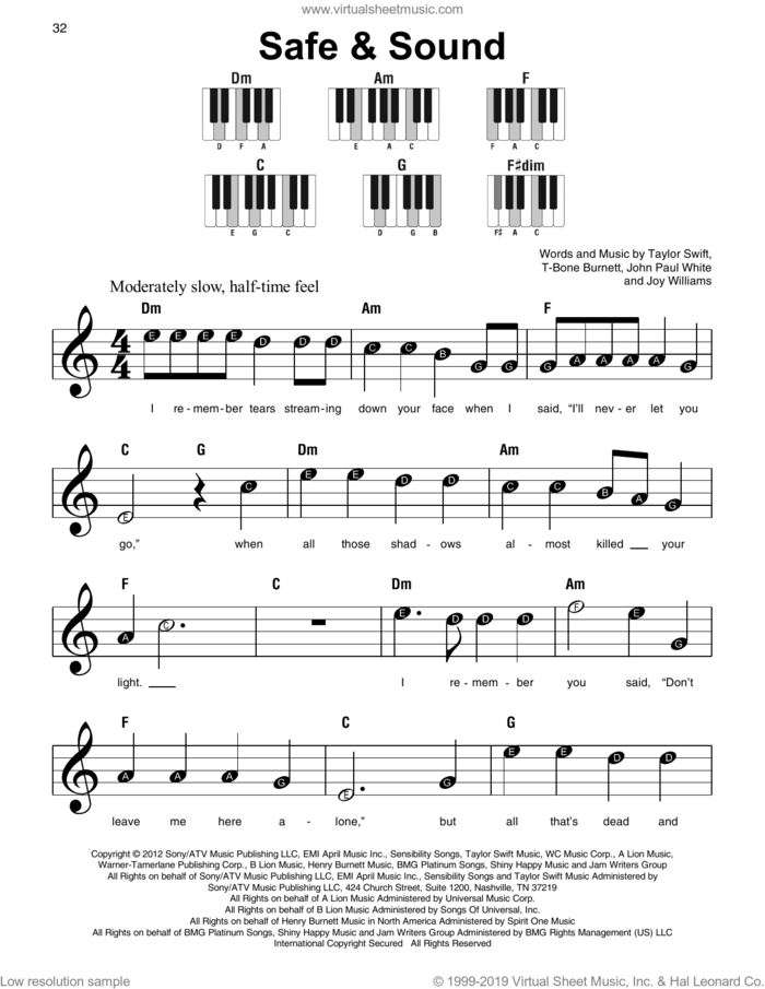 Safe and Sound (feat. The Civil Wars) (from The Hunger Games) sheet music for piano solo by Taylor Swift, William Joseph, John Paul White, Joy Williams and T-Bone Burnett, beginner skill level