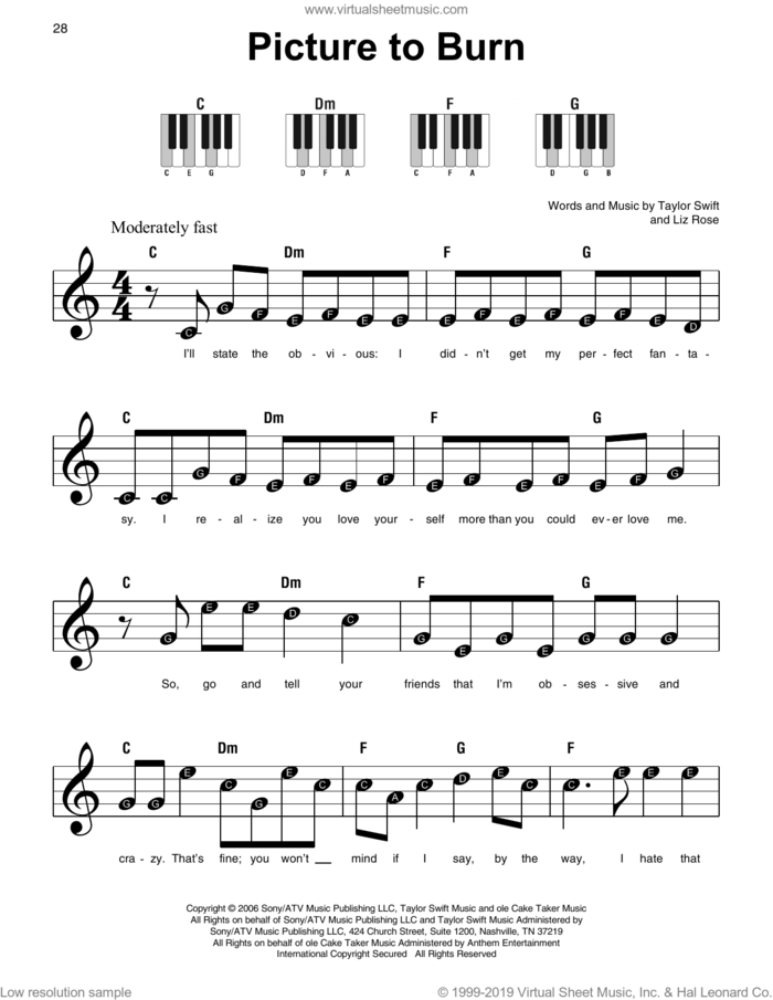 Picture To Burn, (beginner) sheet music for piano solo by Taylor Swift and Liz Rose, beginner skill level