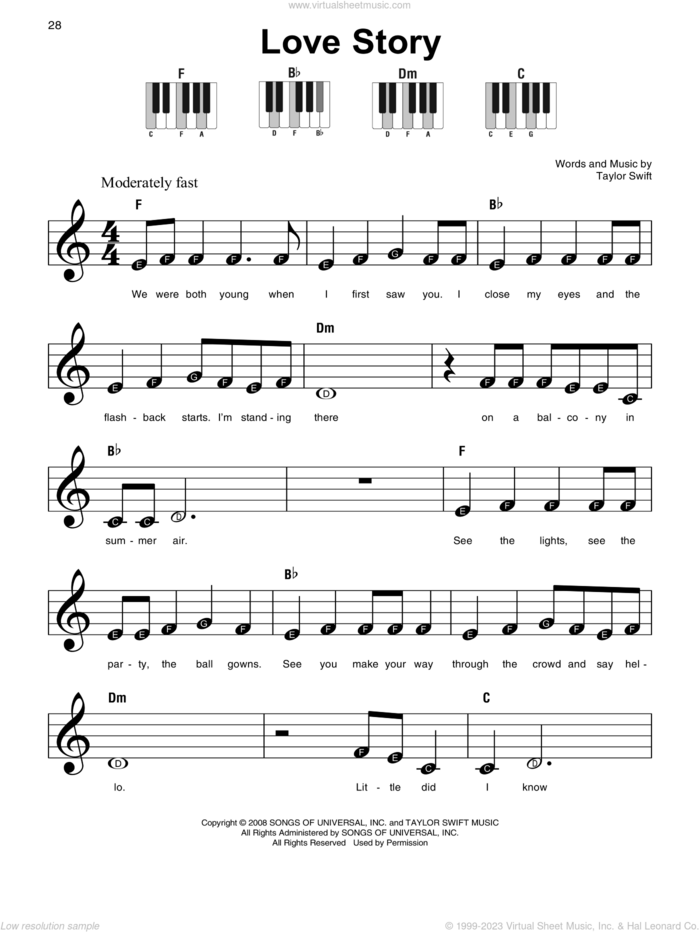 Love Story sheet music for piano solo by Taylor Swift, beginner skill level