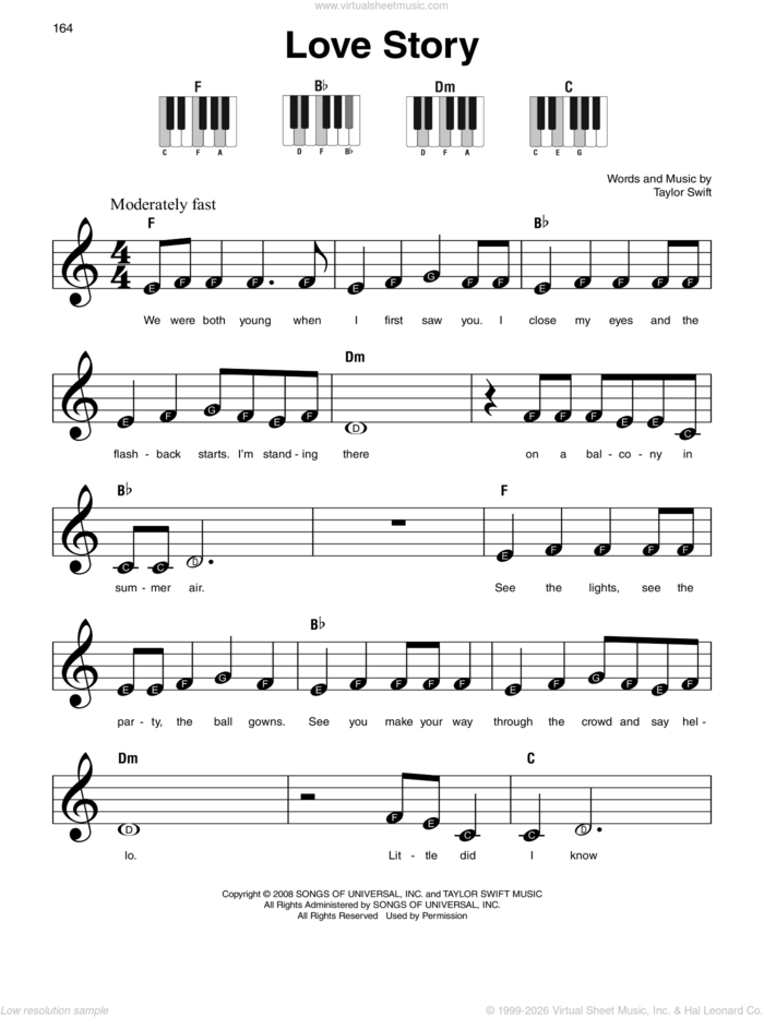 Love Story sheet music for piano solo by Taylor Swift, beginner skill level