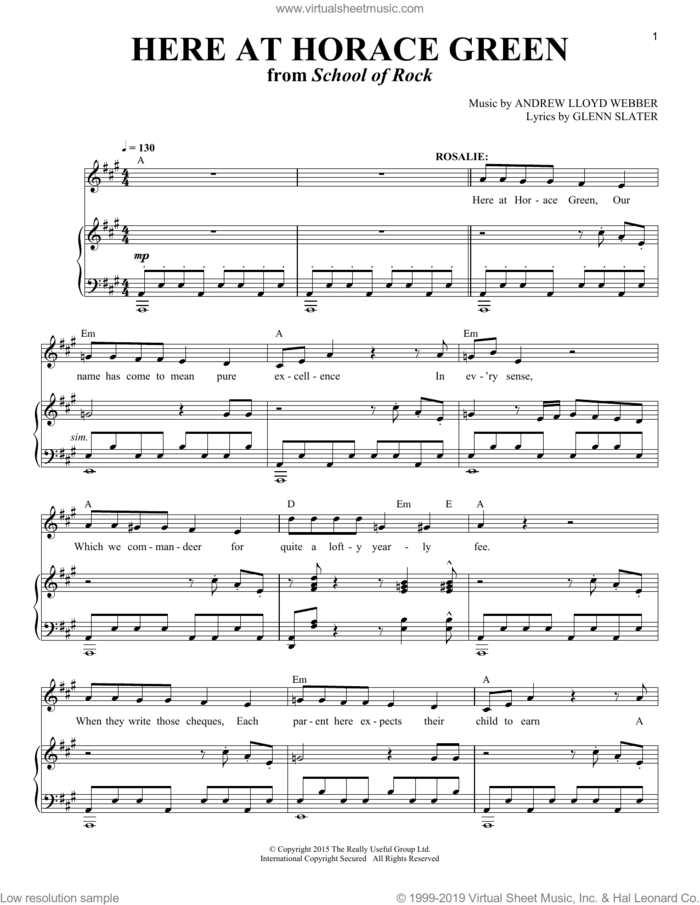 Here At Horace Green (from School of Rock: The Musical) sheet music for voice and piano by Andrew Lloyd Webber, Richard Walters and Glenn Slater, intermediate skill level