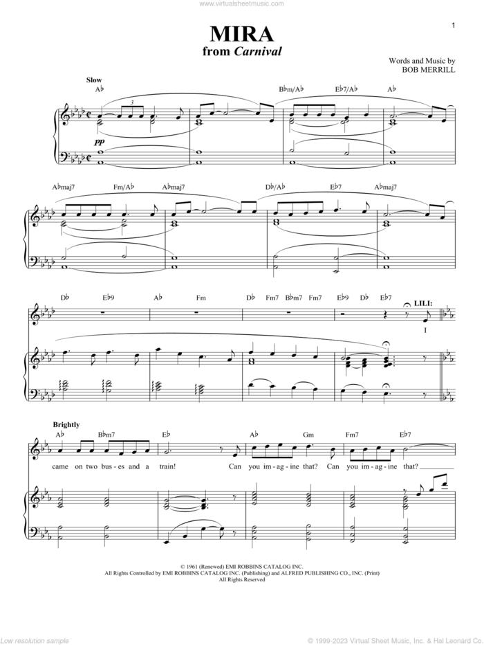 Mira (from Carnival) sheet music for voice and piano by Bob Merrill and Richard Walters, intermediate skill level