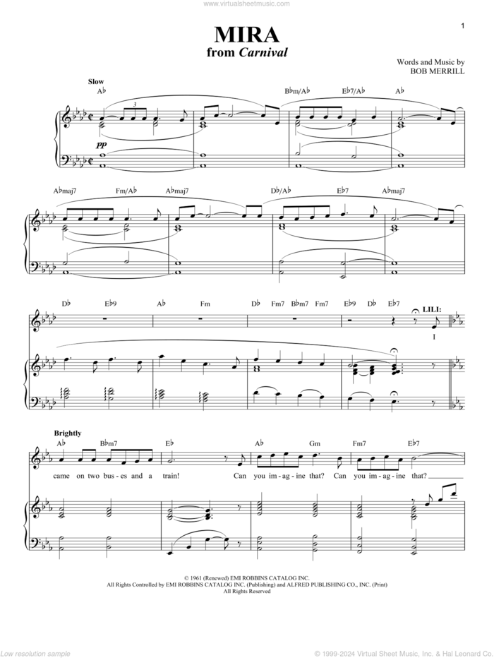 Mira (from Carnival) sheet music for voice and piano by Bob Merrill and Richard Walters, intermediate skill level